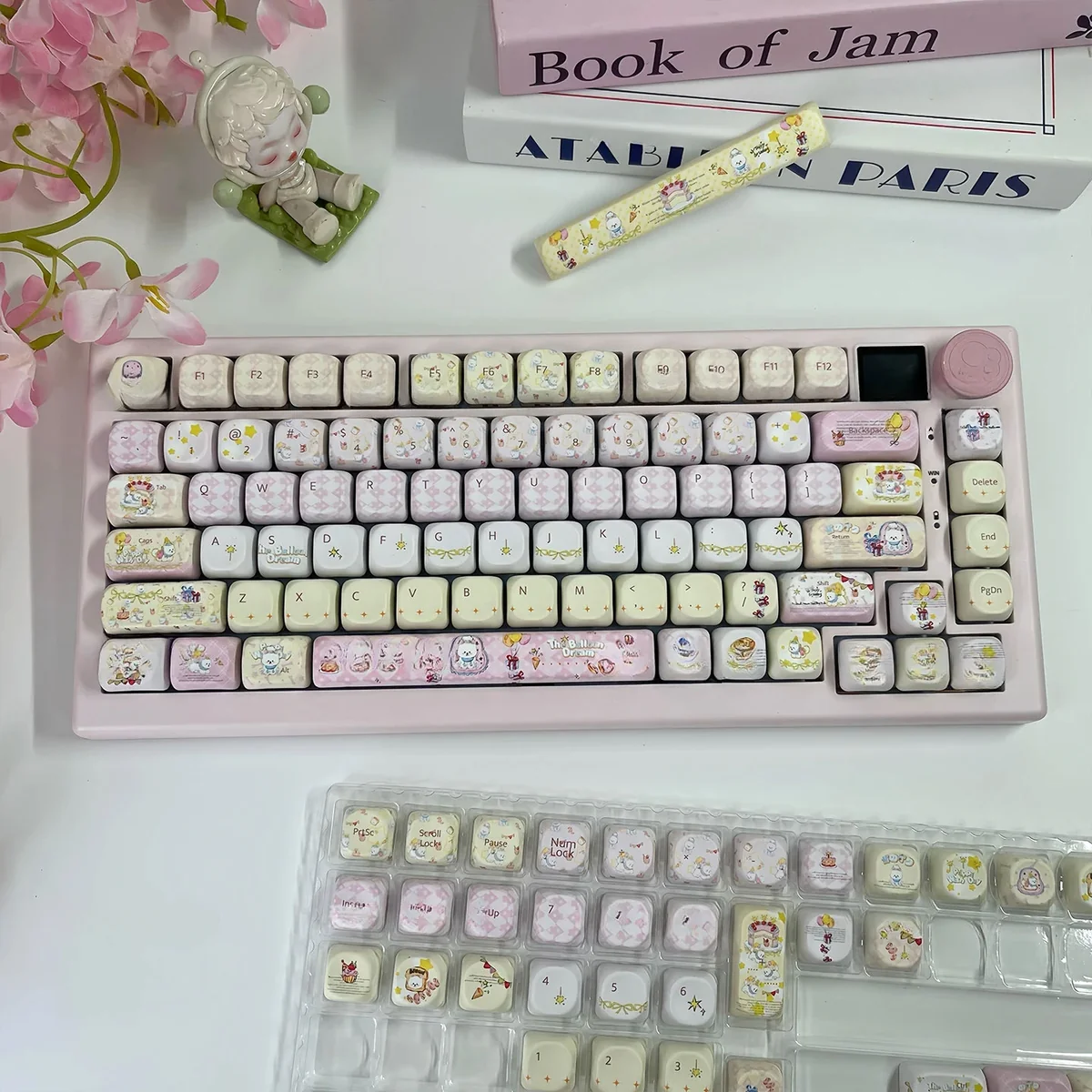 Adorable Puppy Wish Day Keycaps gallery view, showcasing dye-sub PBT art of dreaming puppies under pastel starlit skies from various angles.