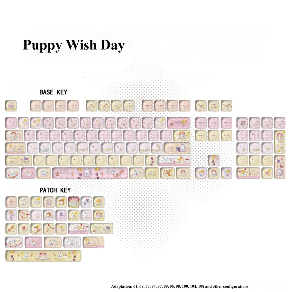 Adorable Puppy Wish Day Keycaps. Dreamy PBT MOA keycap set with whimsical puppies under starlit skies, in soft pastels.