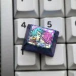 Aerospace-grade deep blue-purple anodized titanium Rem Ram keycap with pastel pink and teal twin-maid anime artwork mounted on a white keyboard.