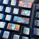 Rem Ram titanium keycap in aerospace-grade blue-purple anodized titanium with pastel pink and teal twin-maid anime artwork on a 1.25U keycap.