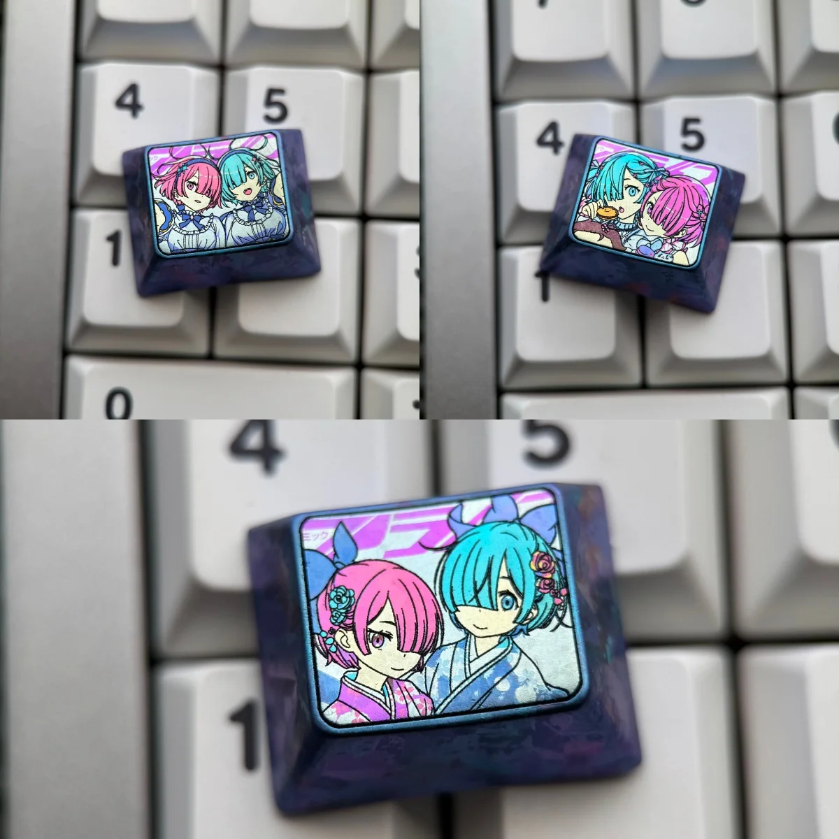 Rem Ram titanium keycap in deep blue-purple anodized titanium, featuring pastel pink and teal twin-maid anime artwork for an artisan keyboard upgrade.