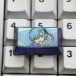 Violet-blue anodized Rem titanium keycap featuring pastel anime maid art and floral accents, mounted on a white keyboard.