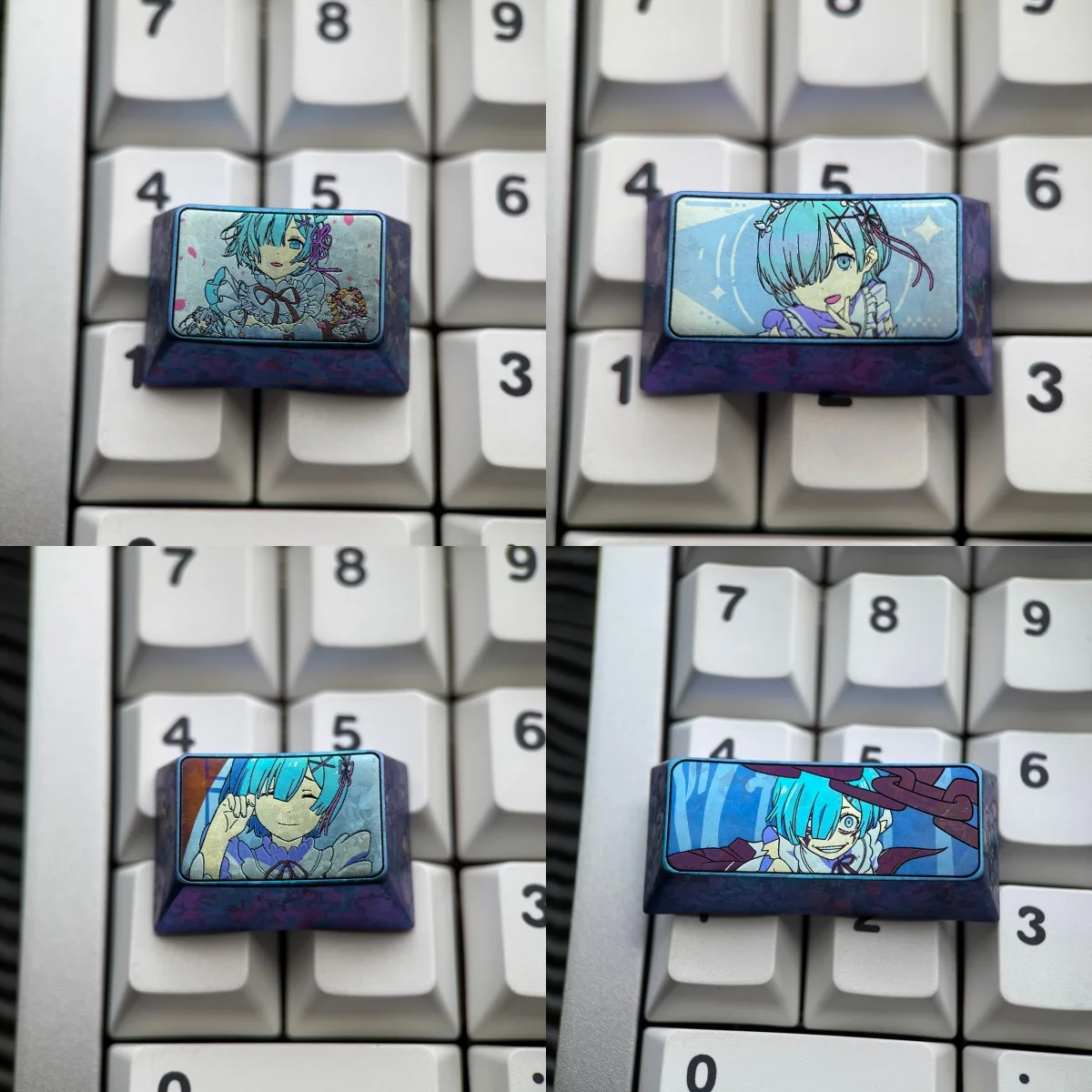 Violet-blue anodized titanium Rem keycap with pastel anime maid portraits and floral accents on a white keyboard.