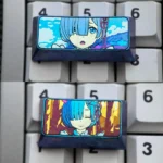 Rem titanium keycap pair with vivid anime portraits, dreamy blue gradients, and an iridescent anodized titanium finish for artisan keyboard art.