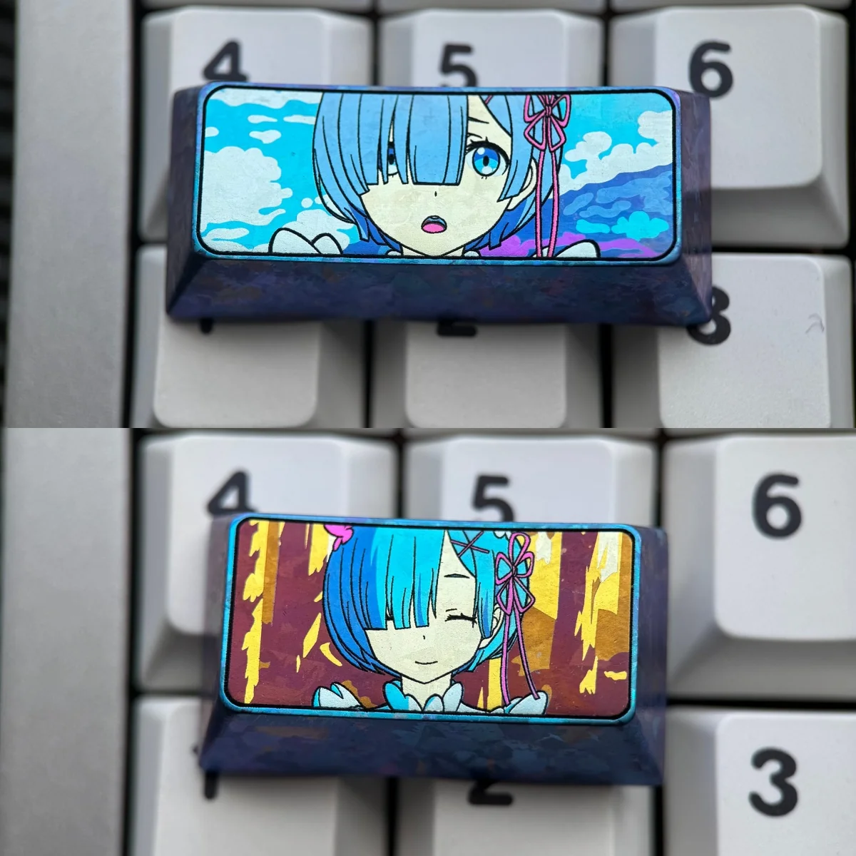 Rem titanium keycap pair with vivid anime portraits, dreamy blue gradients, and an iridescent anodized titanium finish for artisan keyboard art.