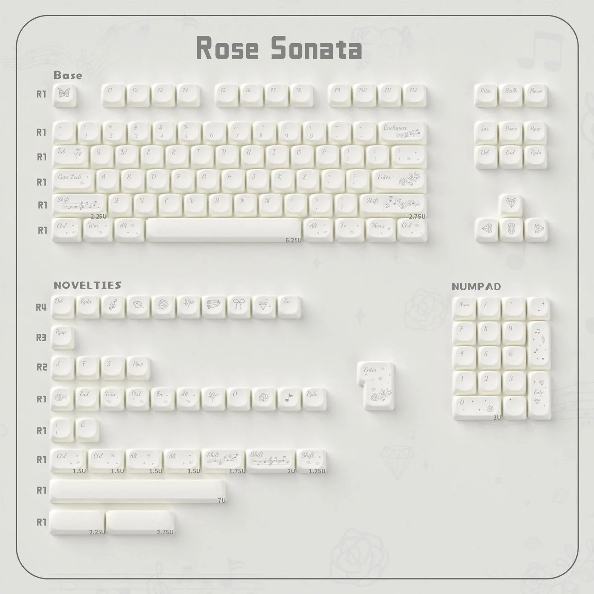 A close-up view of the elegant Rose Sonata MOA PBT keycaps, revealing the romantic rose garden motif and creamy PBT texture.
