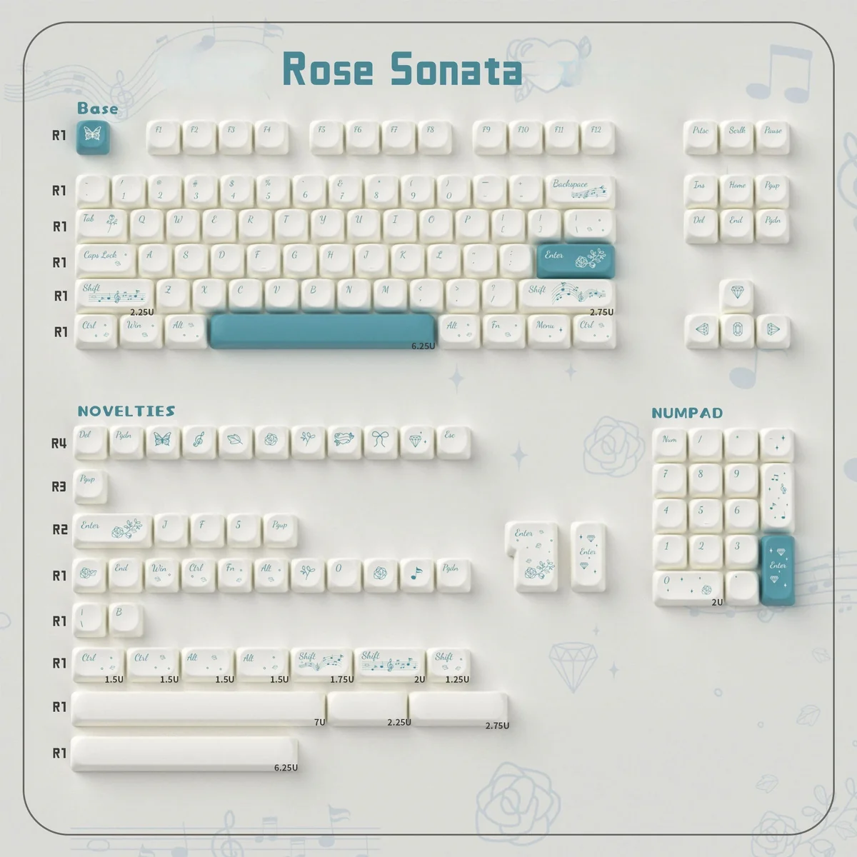Side angle view of Rose Sonata MOA PBT keycaps, revealing the elegant MOA profile and romantic rose garden motif with black legends on creamy PBT.