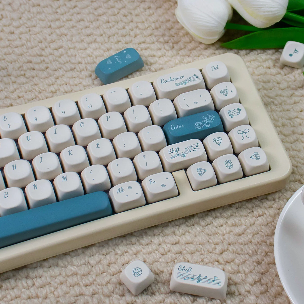 Elegant Rose Sonata MOA PBT keycaps showcasing a romantic rose garden motif and creamy texture from a unique angle, perfect for artistic typing.