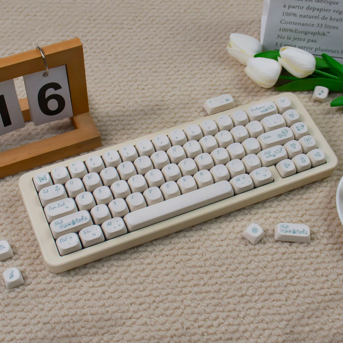 Elegant Rose Sonata MOA PBT keycaps with romantic rose garden motifs, black legends on creamy PBT. Highlights artistic design and unique MOA profile.
