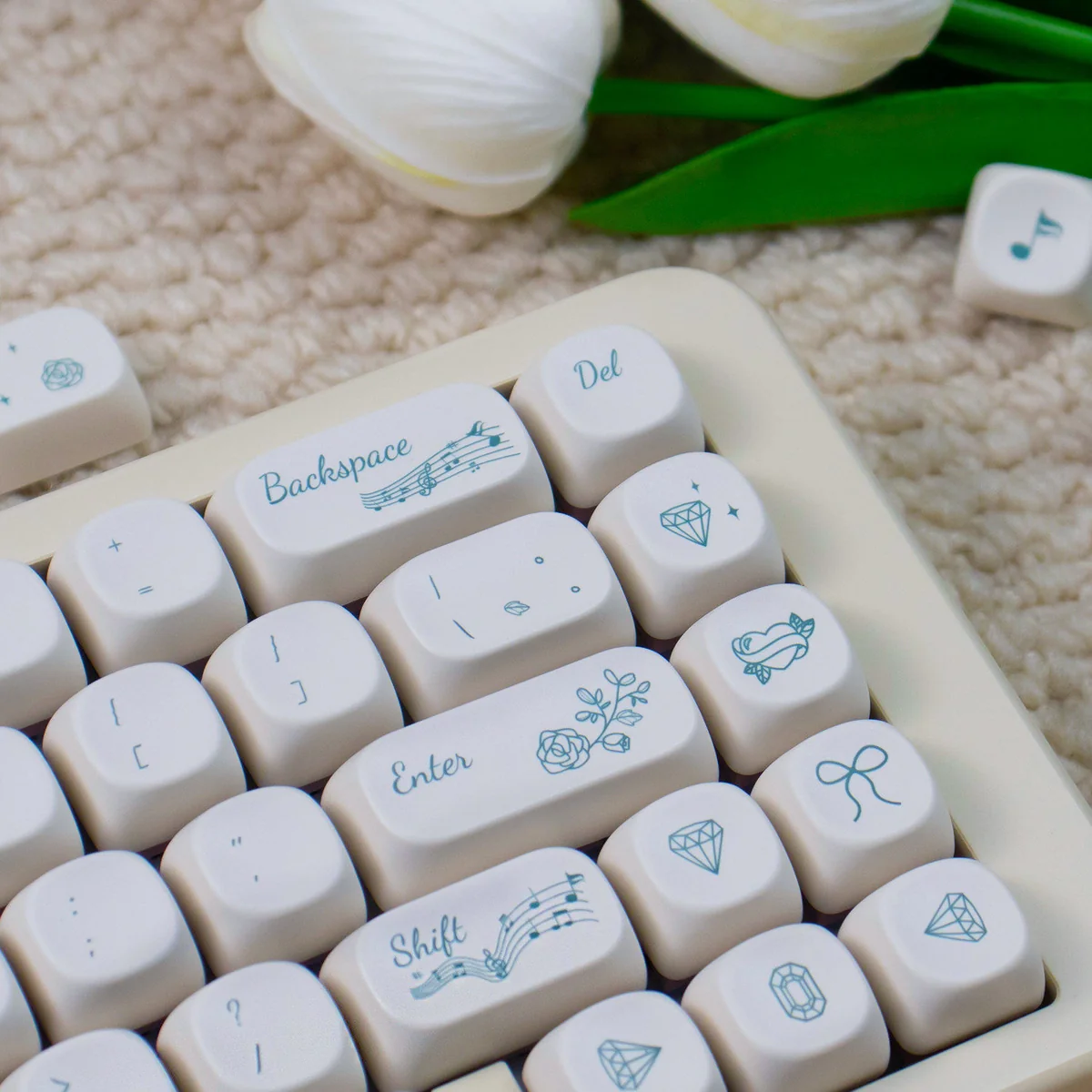 Elegant Rose Sonata MOA PBT keycaps, showcasing a creamy base, sophisticated black legends, and a romantic rose garden motif.
