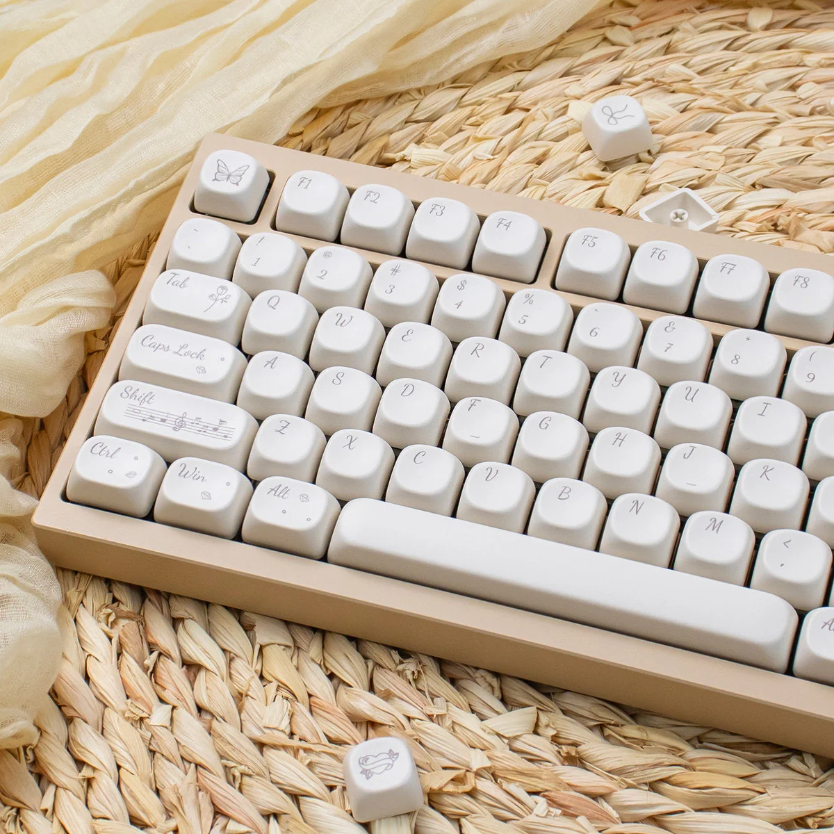 Elegant Rose Sonata MOA PBT keycaps with a romantic rose garden motif, featuring crisp black legends on creamy PBT, perfect for artistic typing.