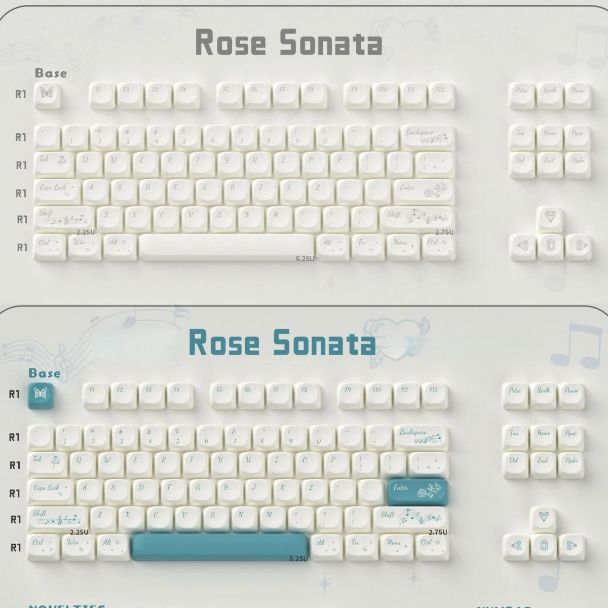 Elegant Rose Sonata MOA Keycaps with black legends on creamy PBT, showcasing a romantic rose garden motif for artistic typing.