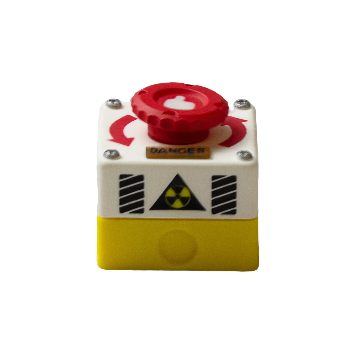 Multiple angles of the interactive rotatable emergency keycap, featuring its vibrant red button and industrial control panel aesthetic, enhancing keyboard.