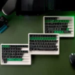 Experience the Matrix-inspired Source Code Keycaps in translucent PC, glowing green from multiple angles, highlighting their cyberpunk digital aesthetic.