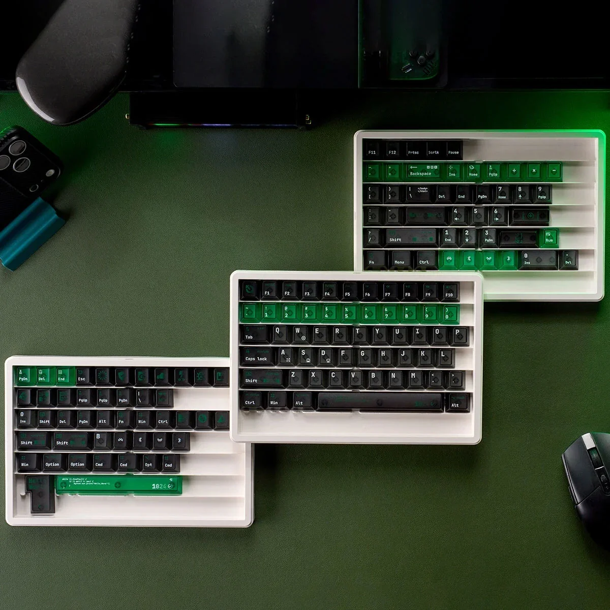 Experience the Matrix-inspired Source Code Keycaps in translucent PC, glowing green from multiple angles, highlighting their cyberpunk digital aesthetic.