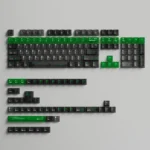 Product gallery displaying Source Code Keycaps, highlighting the Matrix green translucent PC material from multiple perspectives.