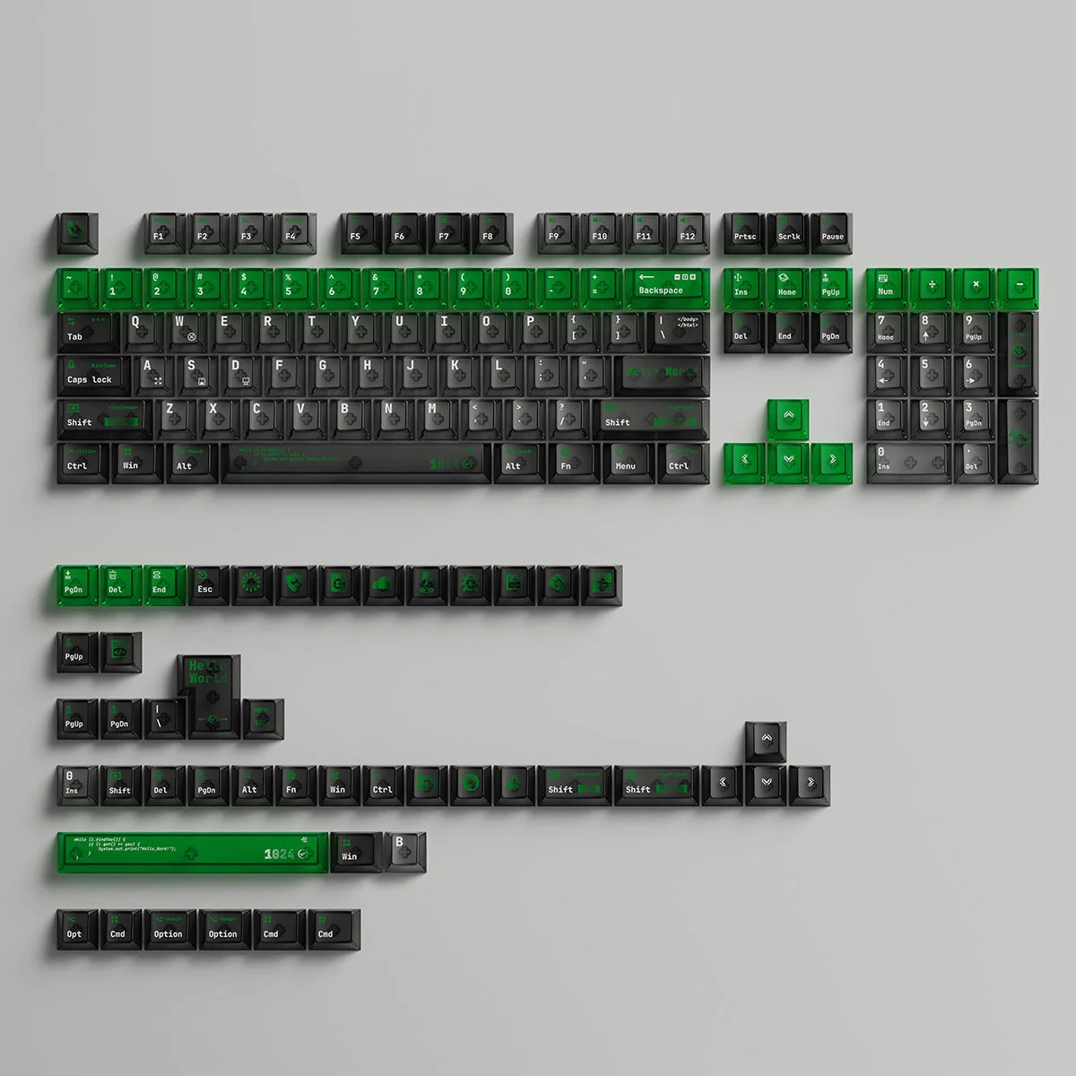 Product gallery displaying Source Code Keycaps, highlighting the Matrix green translucent PC material from multiple perspectives.