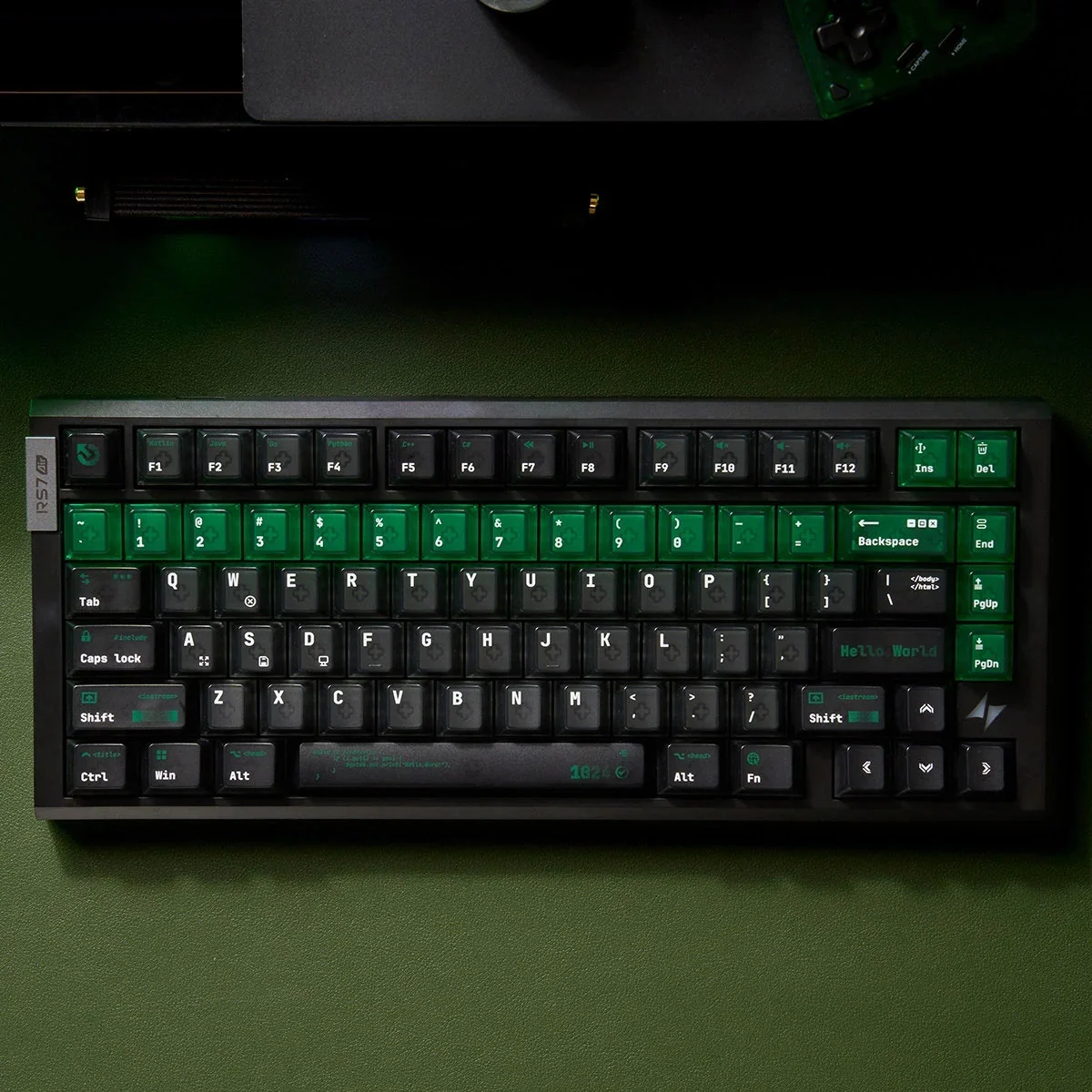 Source Code Keycaps, an artistic set with translucent PC and a striking Matrix-inspired green glow, perfect for a cyberpunk digital keyboard aesthetic.