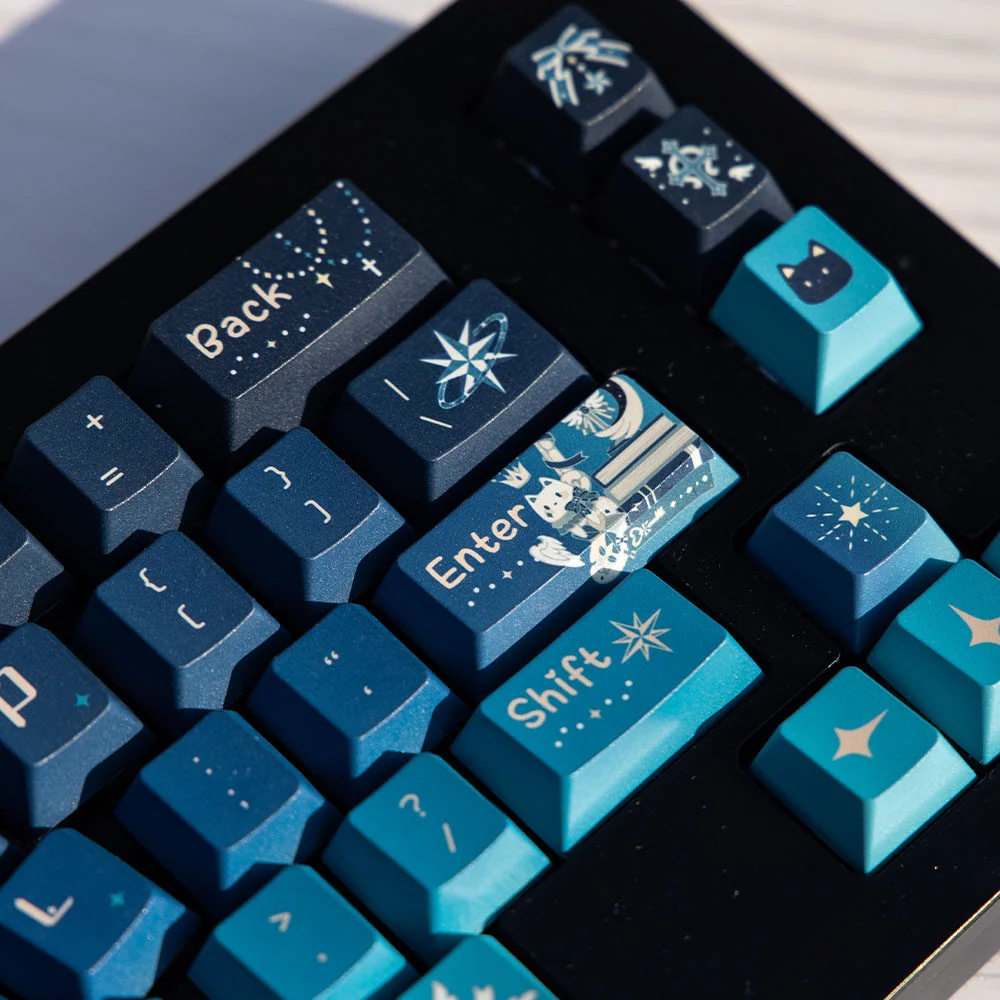 Close-up of the Cosmic Journey Starry Keycap Set, showcasing its immersive deep blue and purple galaxy design, filled with nebulae and stars.