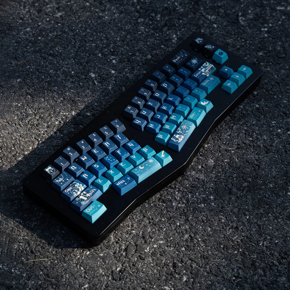 Immersive Cosmic Journey Starry Keycap Set featuring an artistic galaxy design in deep blue, purple, and blue-green hues, depicting nebulae and stars.