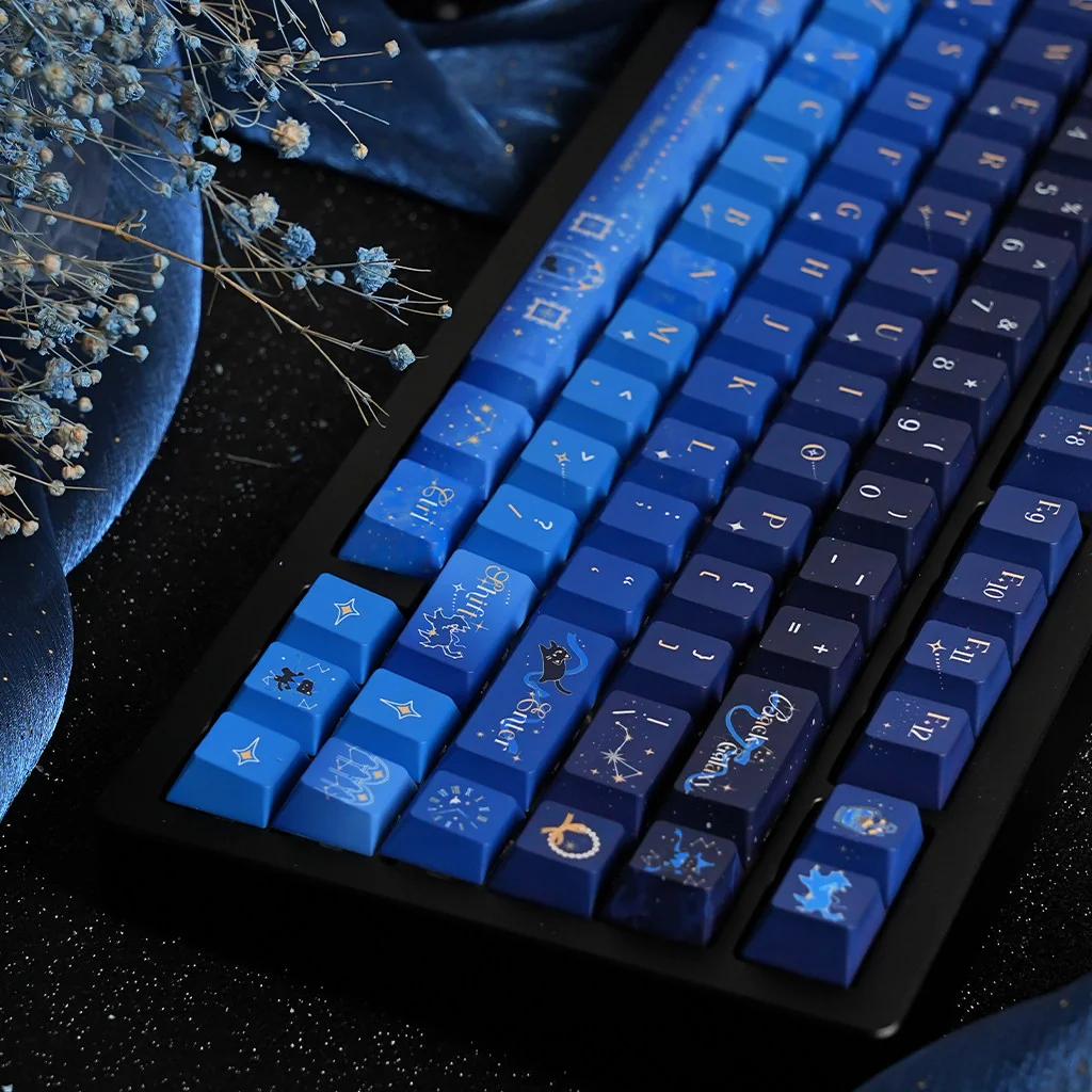 Starry Night Corridor Keycap Set from multiple artistic angles, showcasing immersive deep blue and purple cosmic landscapes and ethereal stardust.