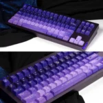 Starry Night Corridor Keycap Set showcasing immersive deep blue and purple cosmic landscapes with ethereal stardust from various artistic angles.