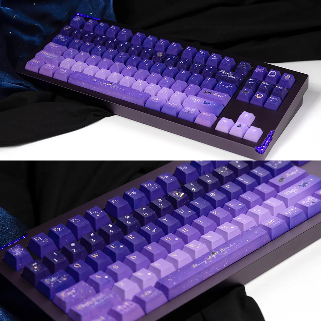 Starry Night Corridor Keycap Set showcasing immersive deep blue and purple cosmic landscapes with ethereal stardust from various artistic angles.