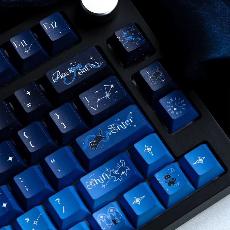 Immersive Starry Night Corridor Keycap Set, showcasing deep blue and purple cosmic landscapes with ethereal stardust from various artistic angles.