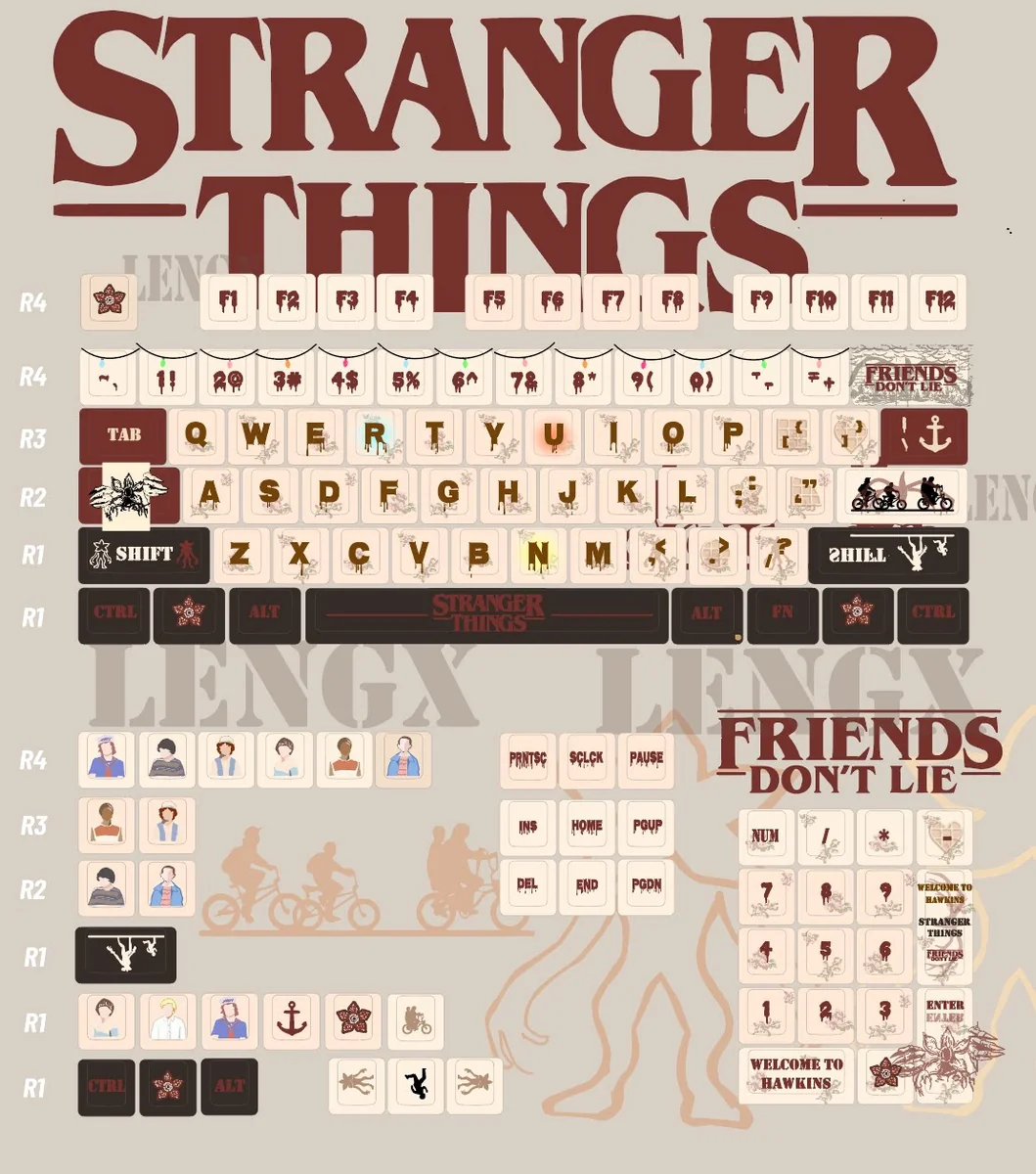 Iconic Stranger Things Amber Translucent PBT keycaps glowing with a retro 80s Hawkins vibe. This pudding keycap set brings the mystery to your keyboard.
