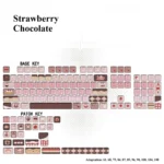 Strawberry Chocolate dye-sublimated MOA PBT keycaps in pastel pink and brown with cake, strawberry, and gingham motifs across a full keycap layout.