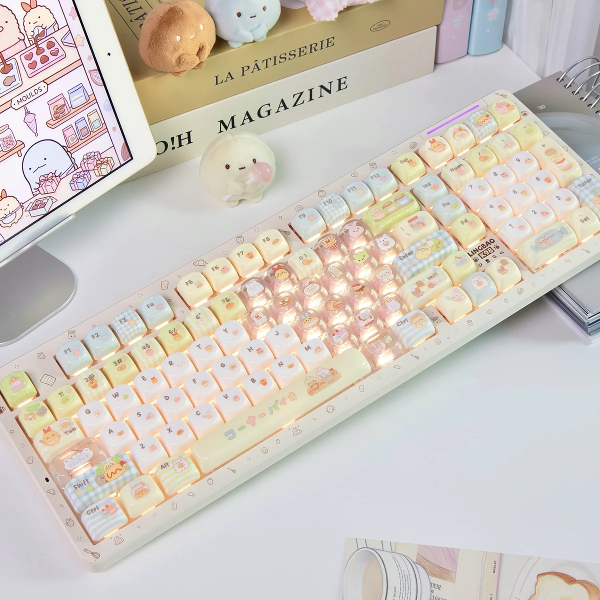 Gallery view of whimsical Sumikko Gurashi MOA translucent keycaps. Adorable characters, milky finish, and soft, rounded profile are seen from various angles.