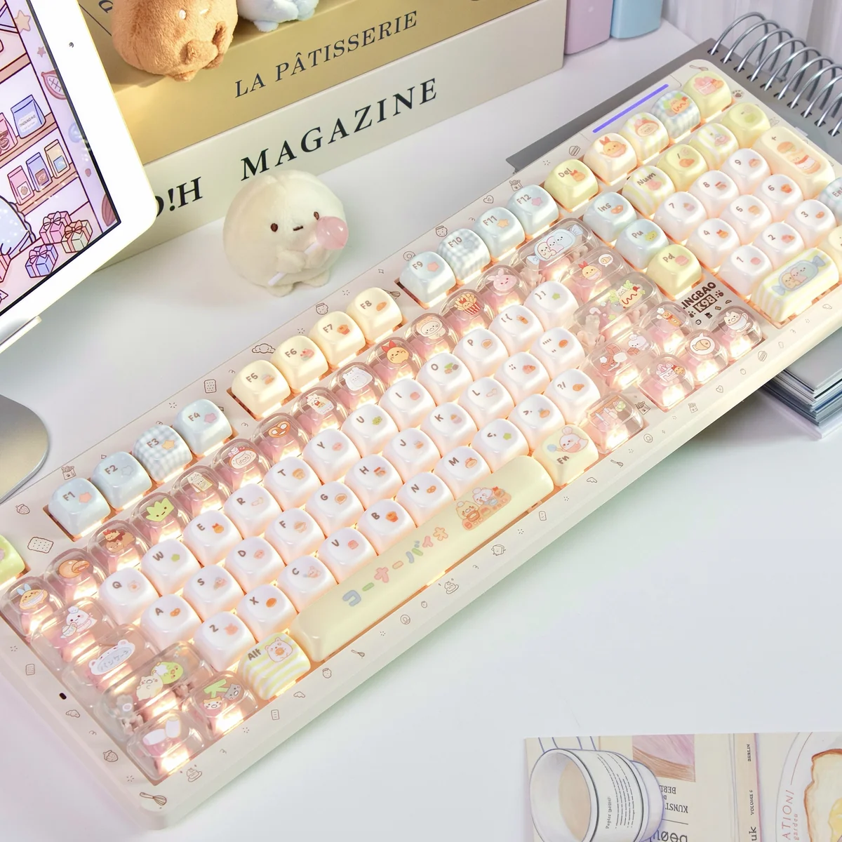Main image of a whimsical Sumikko Gurashi translucent MOA keycap set, showcasing adorable characters with milky finishes and a soft, rounded profile.