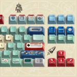 Detailed shot of Nostalgic Retro Tin Cosmos Toy PBT Keycaps, highlighting whimsical mechanical designs and vintage cosmic colors from an artistic angle.