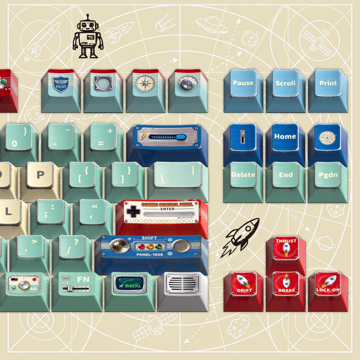 Detailed shot of Nostalgic Retro Tin Cosmos Toy PBT Keycaps, highlighting whimsical mechanical designs and vintage cosmic colors from an artistic angle.