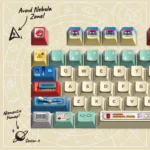Close-up view of the complete Nostalgic Retro Tin Cosmos Toy PBT Keycap Set, showcasing intricate mechanical details and vintage cosmic designs from various angels.