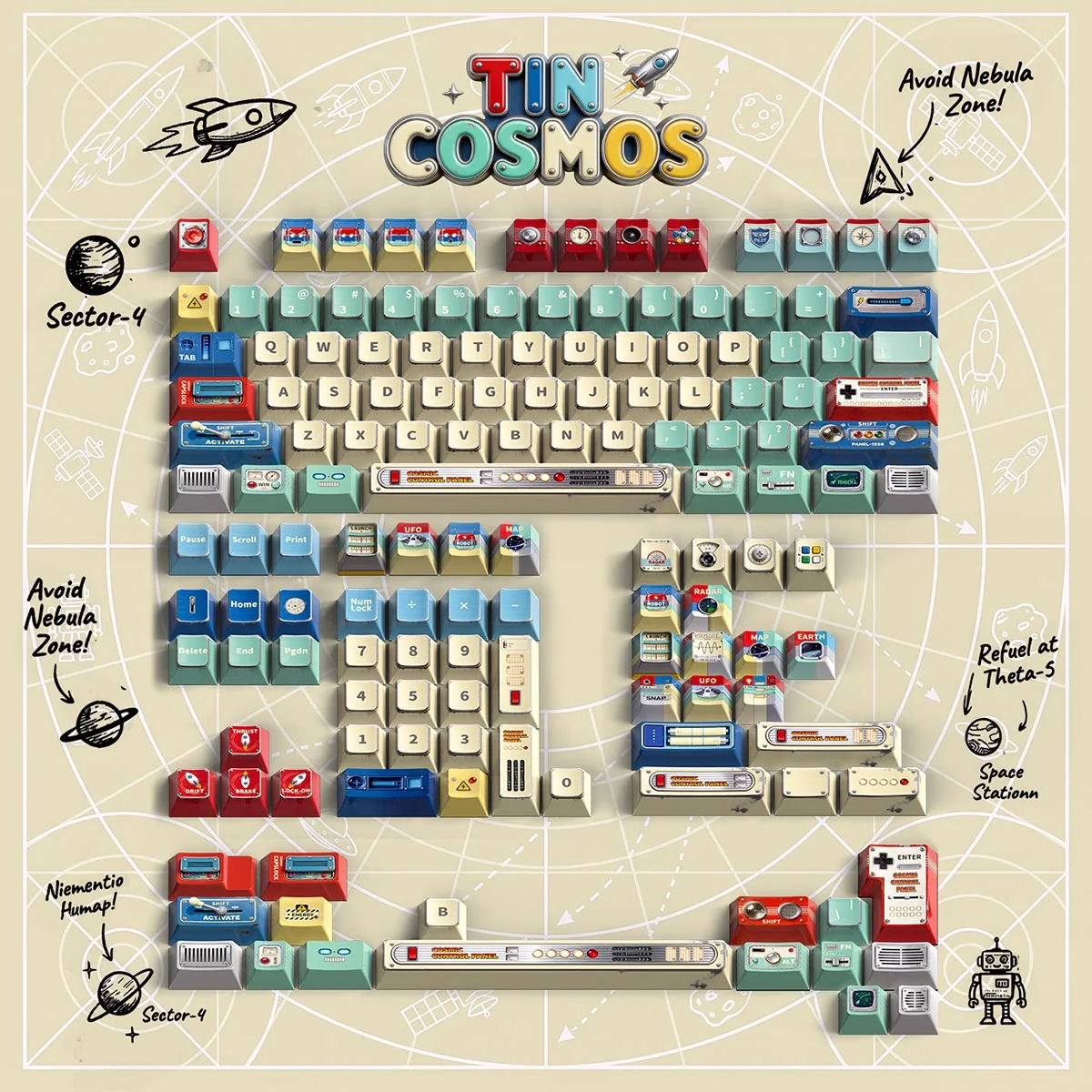 Vintage PBT Tin Cosmos Toy Keycaps set, showcasing whimsical retro cosmic designs and intricate mechanical details for a nostalgic desktop.