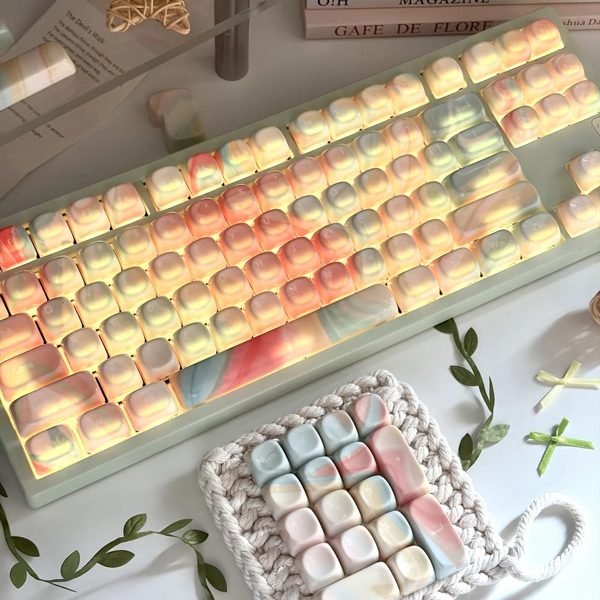 Translucent MOA keycaps 134-key Jade Dream set shine with pastel marble swirls, jade glow, and soft backlit gradients.