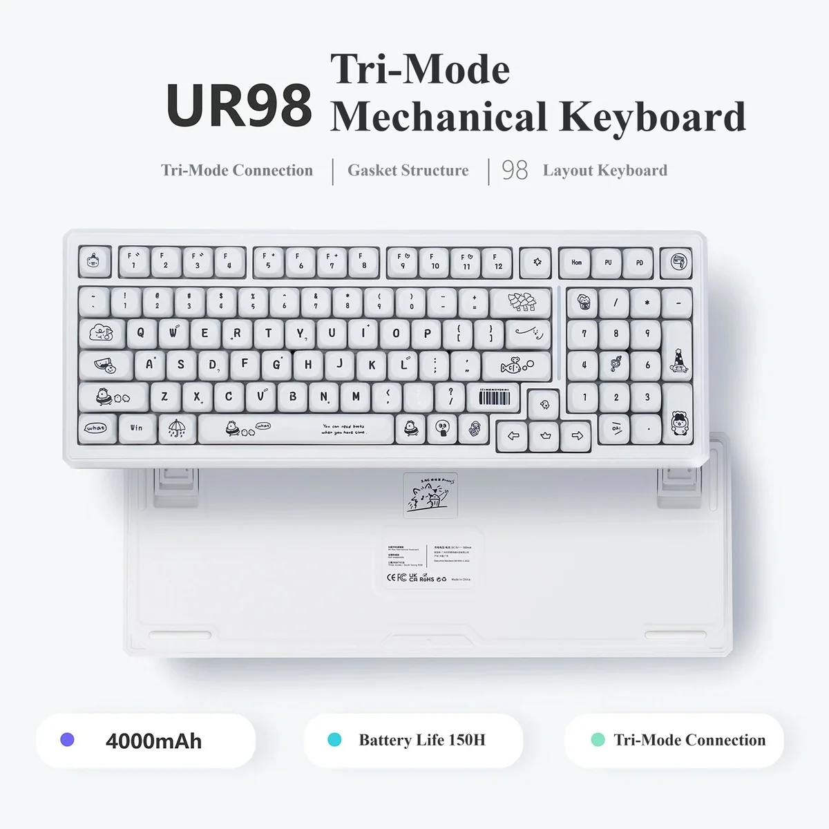 UR98 White Tri-Mode Silent Mechanical Keyboard. Minimalist cool design for a calm workspace, featuring whisper-quiet coconut milk switches.