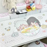 Valorant desk mat showcasing vibrant anime art of characters with playful ramen motifs, highlighting its waterproof, non-slip surface ready for epic gaming.
