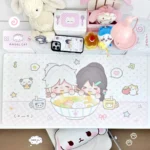 Vibrant Valorant desk mat with dynamic anime art and playful ramen motifs, highlighting its waterproof, non-slip surface for epic gaming.