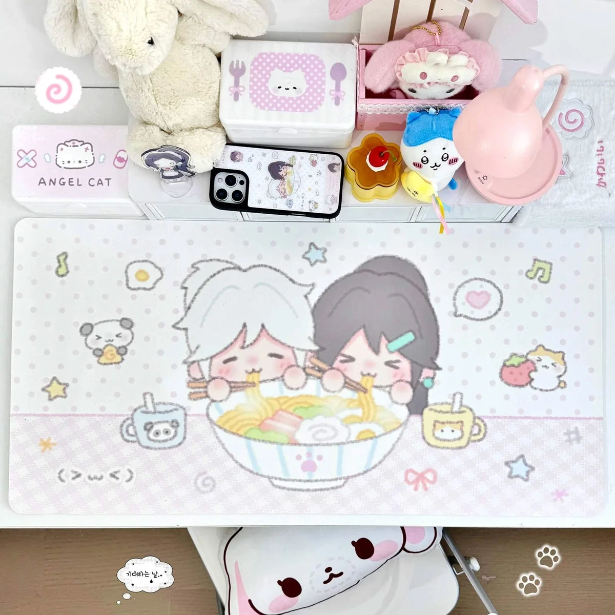 Vibrant Valorant desk mat with dynamic anime art and playful ramen motifs, highlighting its waterproof, non-slip surface for epic gaming.