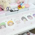 Charming Valorant fan art desk mat, showcasing vibrant, playful agents in a row. Highlights the waterproof surface and non-slip base, perfect for gaming.