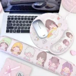 Valorant wrist rest set from a new angle, highlighting ergonomic comfort and vibrant cartoon fan art with dynamic characters for playful gaming style.