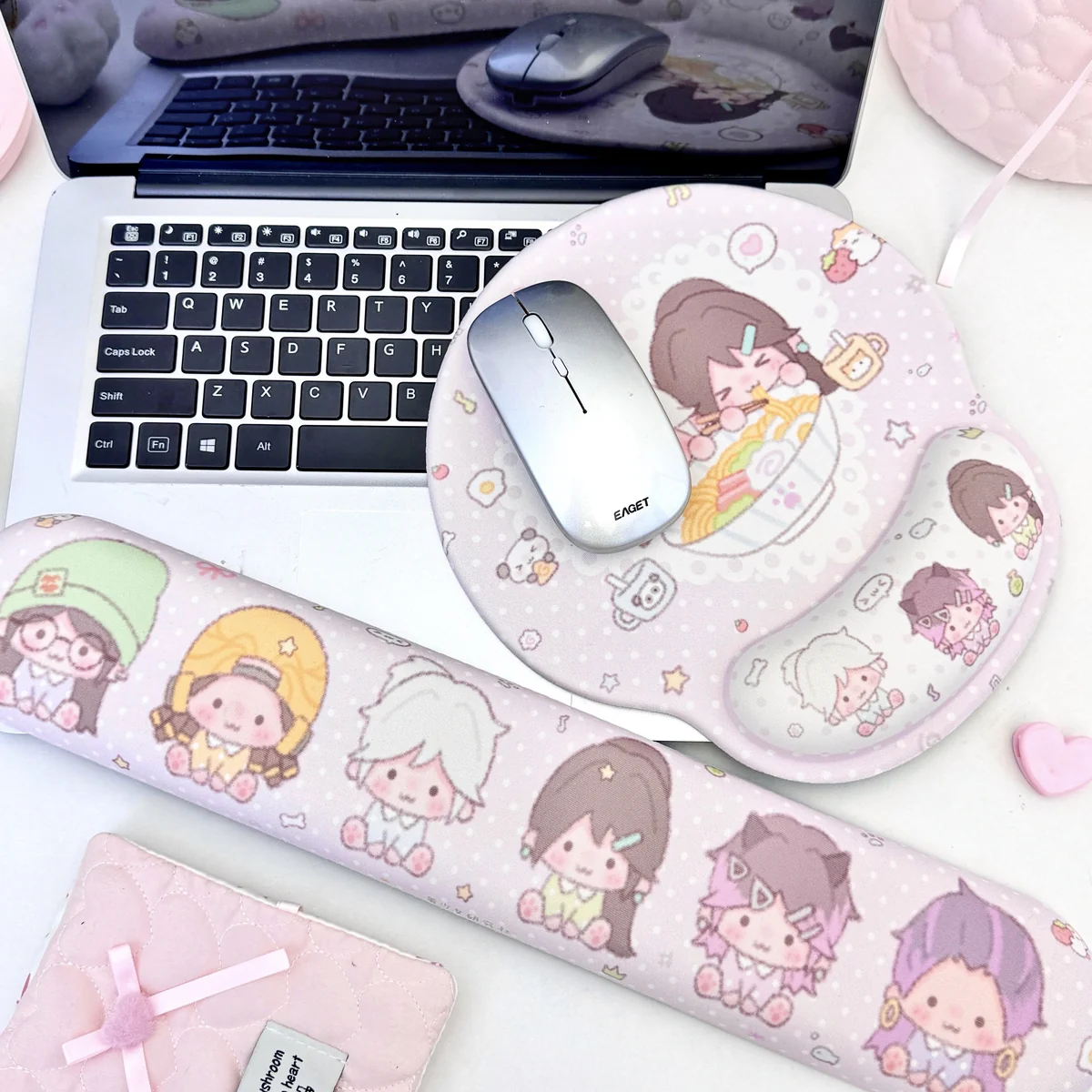 Valorant wrist rest set from a new angle, highlighting ergonomic comfort and vibrant cartoon fan art with dynamic characters for playful gaming style.