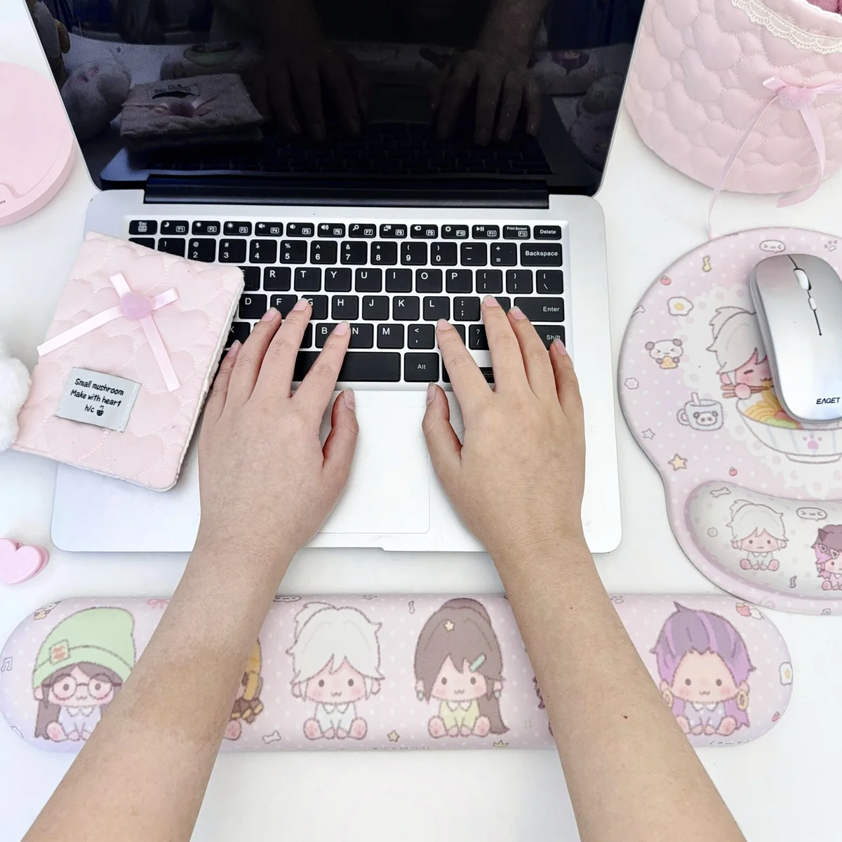 Showcasing the Valorant wrist rest set from a dynamic angle, highlighting its vibrant cartoon character art, ergonomic comfort.