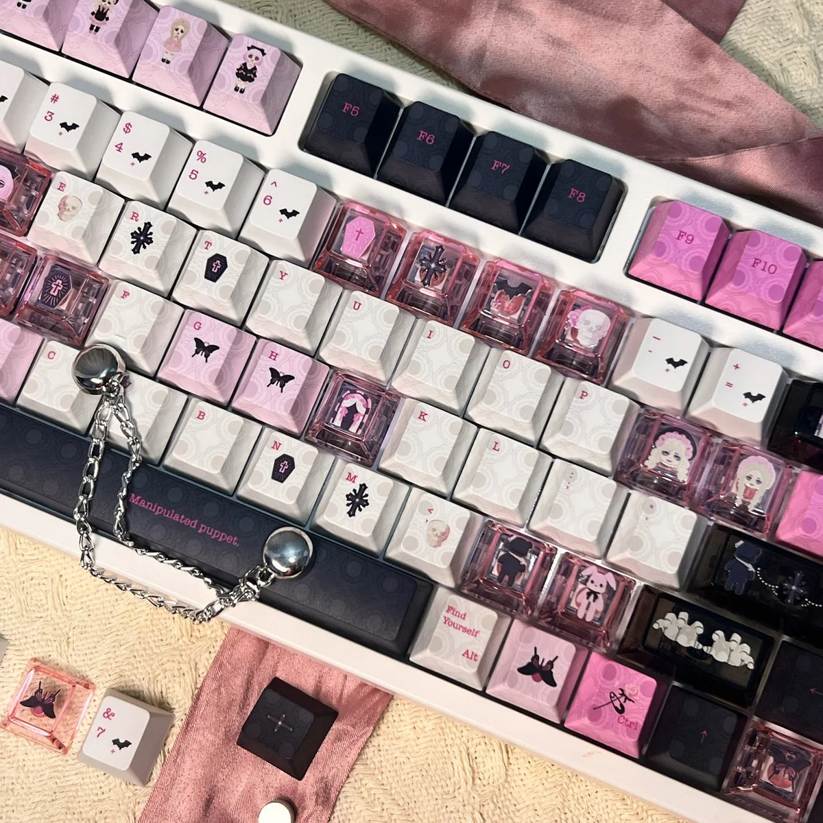 Side view of the whimsical dollhouse keycap, revealing exquisite handcrafted miniature art and intricate whimsical details.