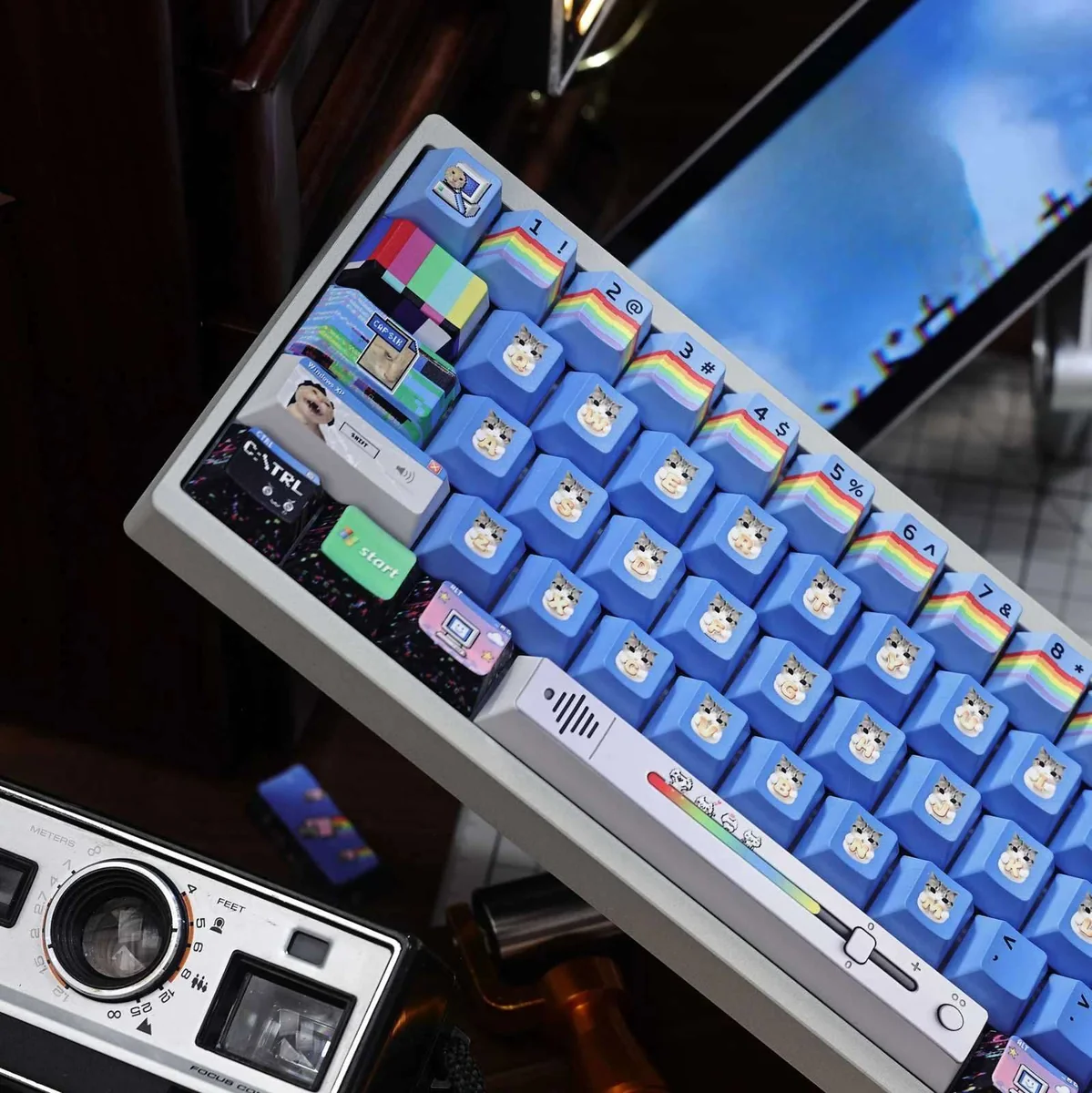 Close-up views of the Windows XP Crazy Edition Keycap Set, highlighting the nostalgic, distorted UI and vibrant glitch art design.