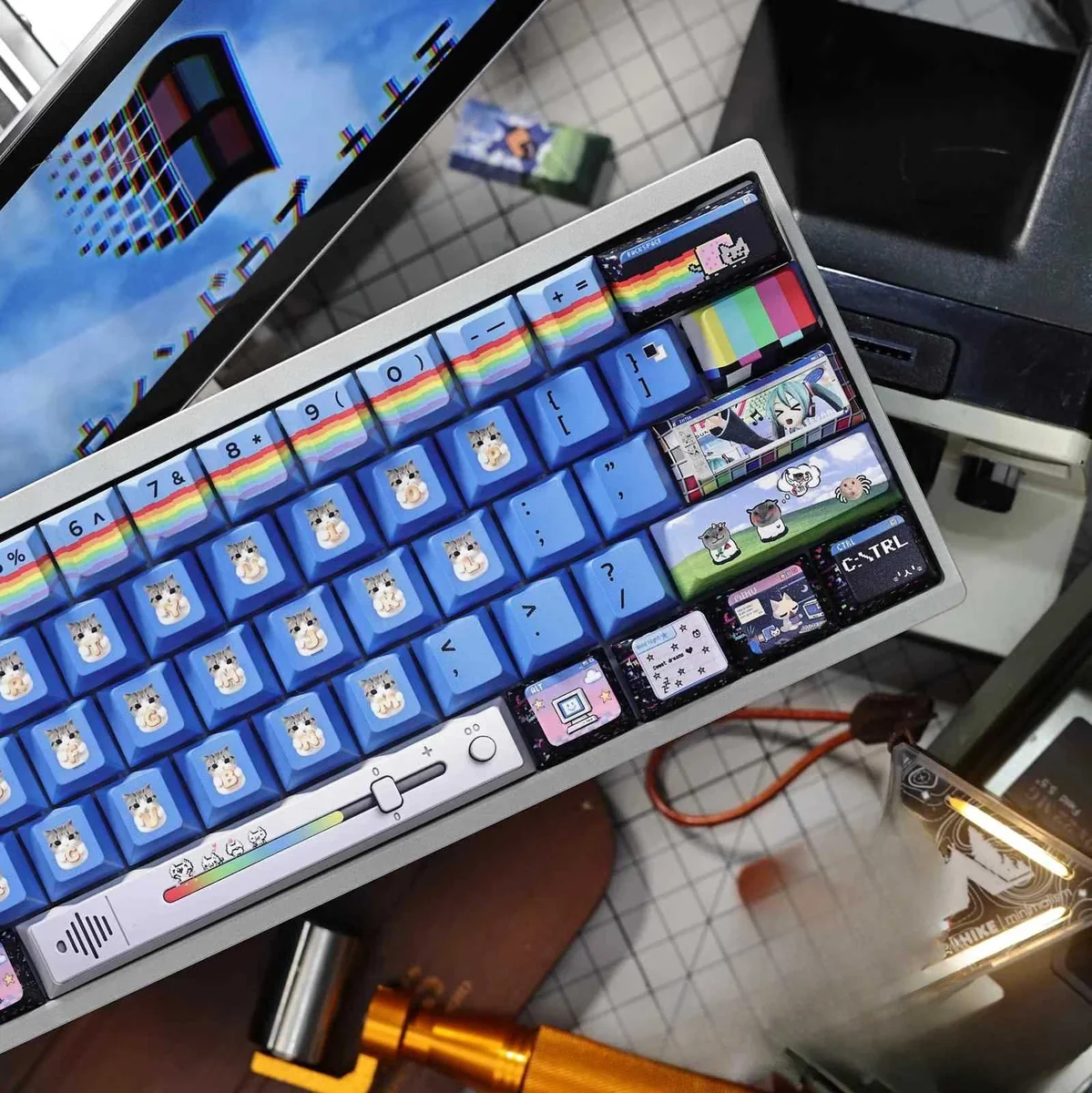 Windows XP Crazy Edition Keycap Set from another view, featuring vibrant, distorted UI elements and a playful retro tech glitch.