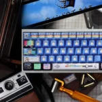 Windows XP Crazy Edition Keycap Set displayed from various angles, highlighting the distorted UI elements, vibrant retro tech, and artistic.