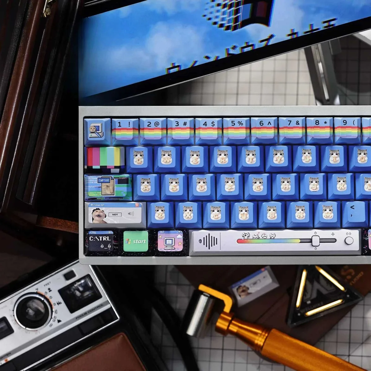 Windows XP Crazy Edition Keycap Set displayed from various angles, highlighting the distorted UI elements, vibrant retro tech, and artistic.